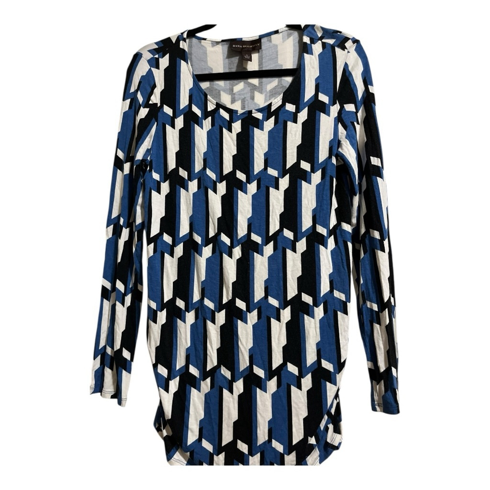 EUC Dana Buchman Top Blue Black White Long Sleeve Women’s Size LG